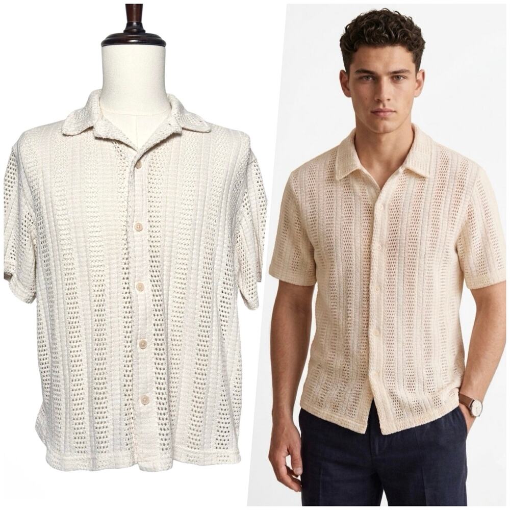 H&M | Men | Cream Crochet Look Pointelle Relaxed Resort Button Up Shirt | Small